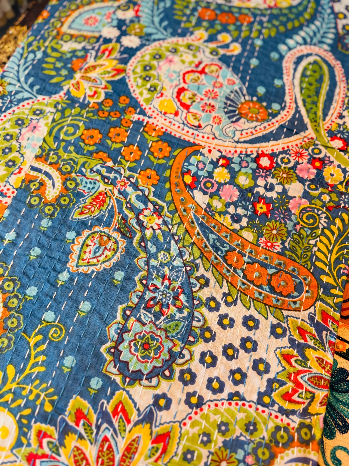 Paisley Garden – Blue – Handblock Printed Kantha Quilt | Cotton | Handmade