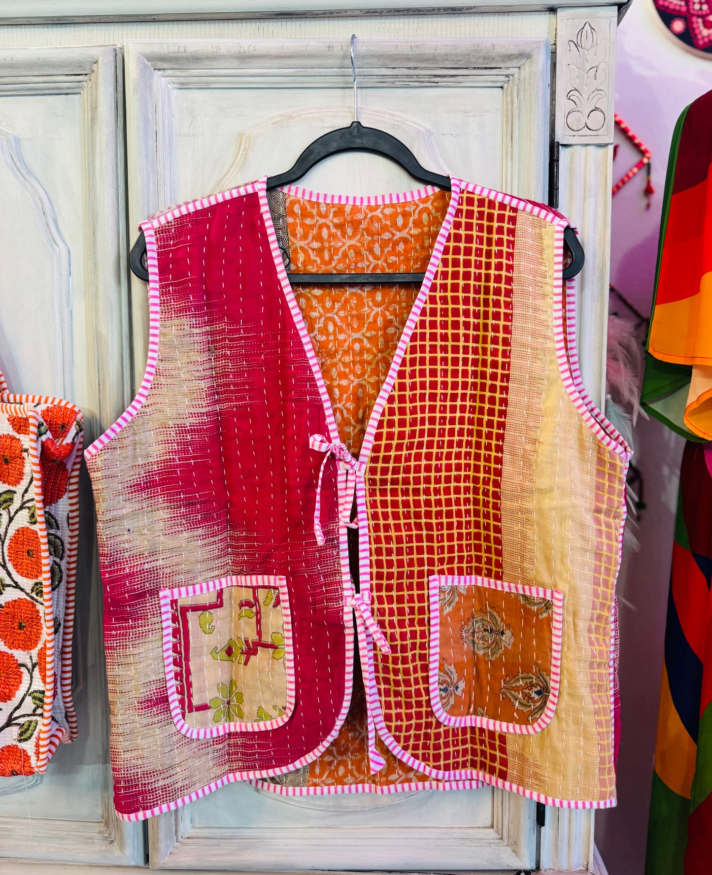 Handmade Reversible Kantha Vest – Rosewood | 100% Cotton Jacket