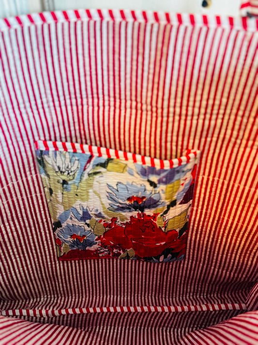 Crimson Wildflower Meadow Quilted Tote – Red Floral Print Cotton Tote Bag, Hand Block Printed, Large Reversible Shopper with Pocket