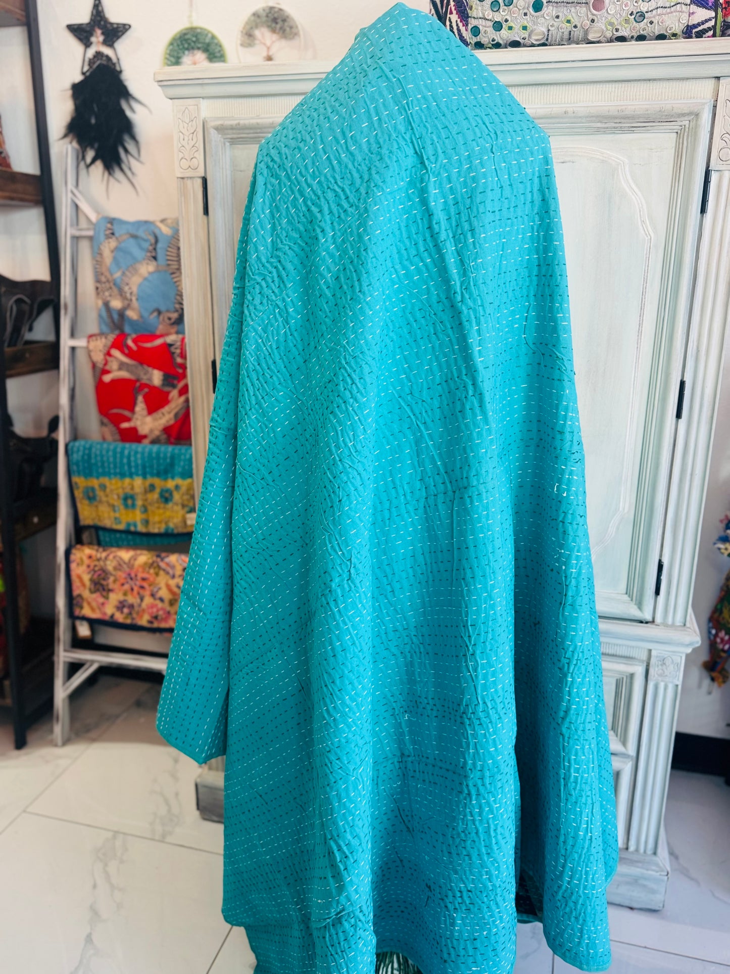 Silk Patchwork Quilt – Peacock – Twin/Throw – Handmade Kantha | Silk & Cotton