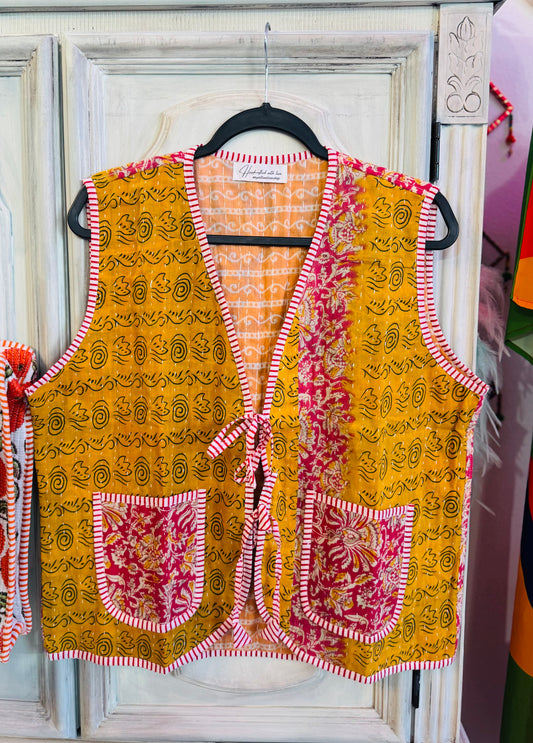 Handmade Reversible Kantha Vest – Saffron | 100% Cotton Jacket