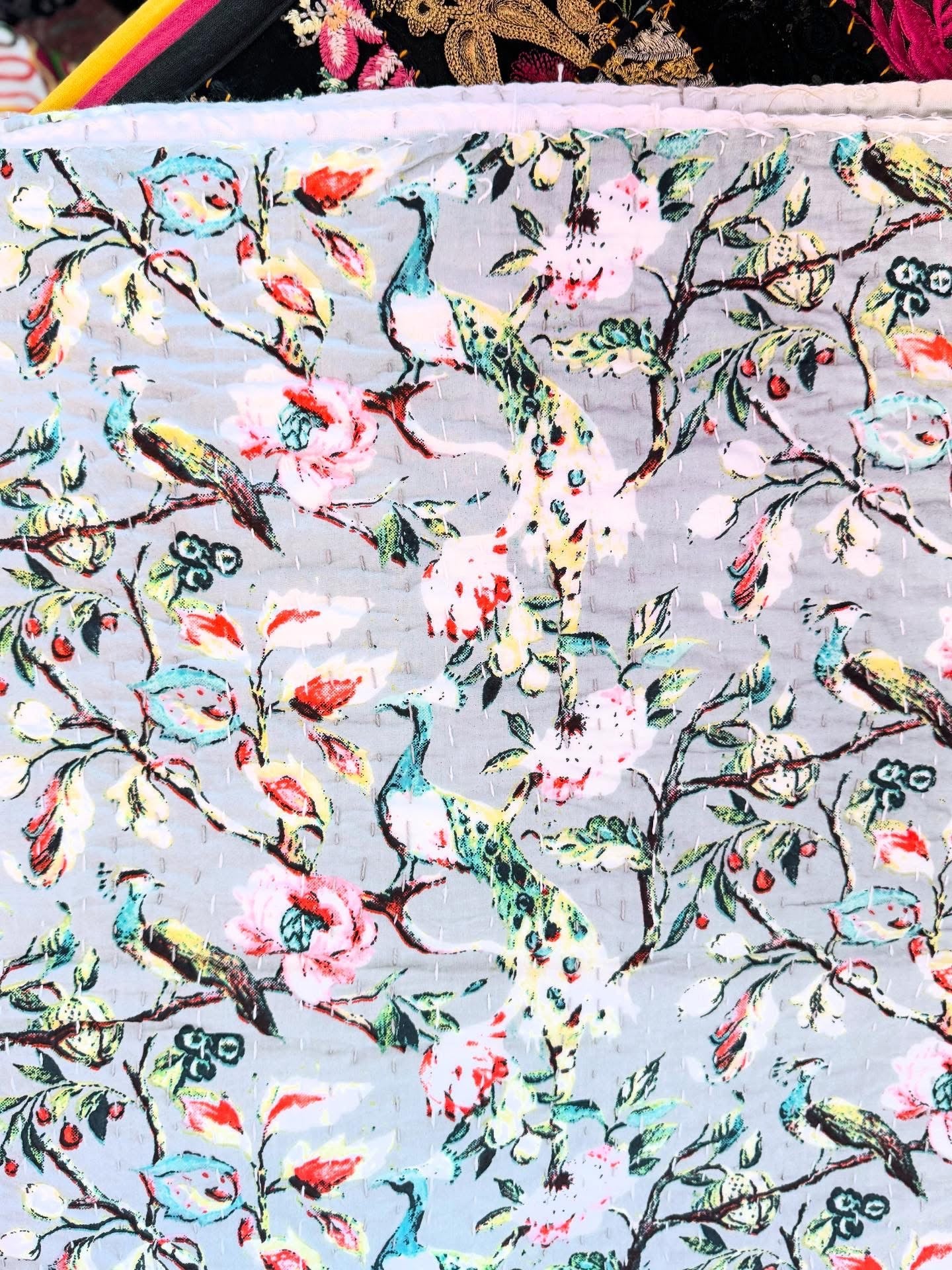 Peacock Garden – Handblock Printed Kantha Quilt – 100% Cotton | Handmade
