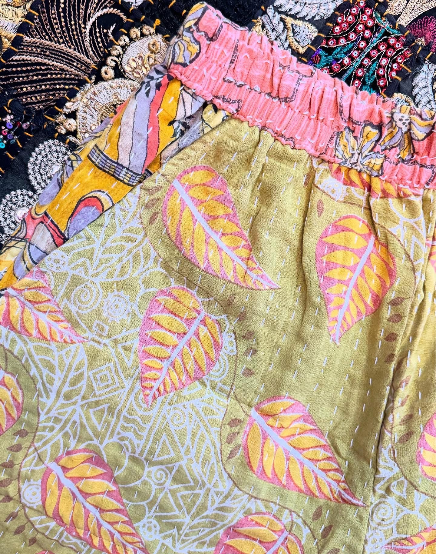 Olive Leaf – Handmade Kantha Cotton Pants | Wide Leg Boho Trousers