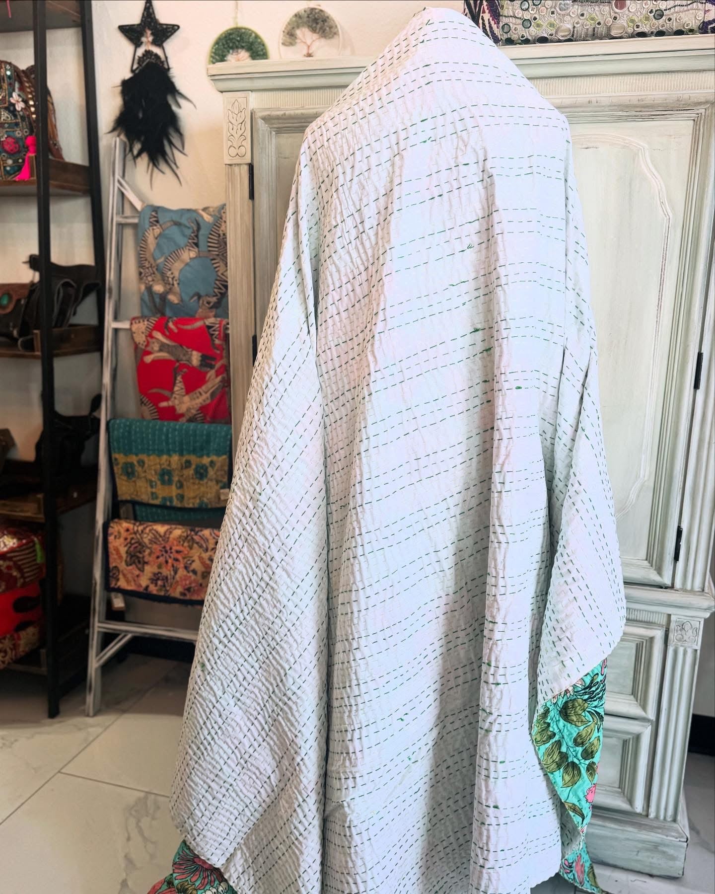 Big Flowers- Teal- Handblock Printed Kantha Quilt | Cotton | Handmade