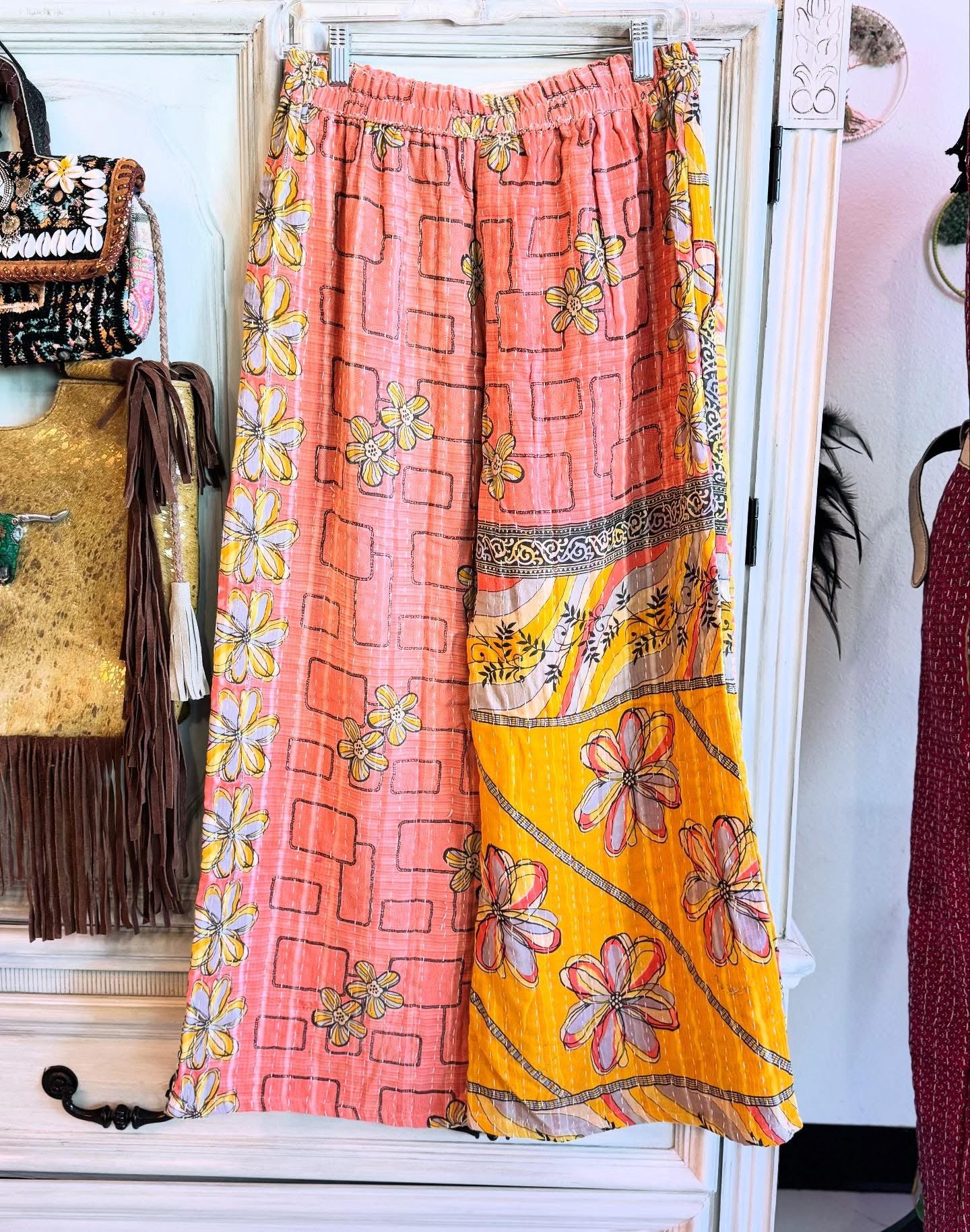 Olive Leaf – Handmade Kantha Cotton Pants | Wide Leg Boho Trousers
