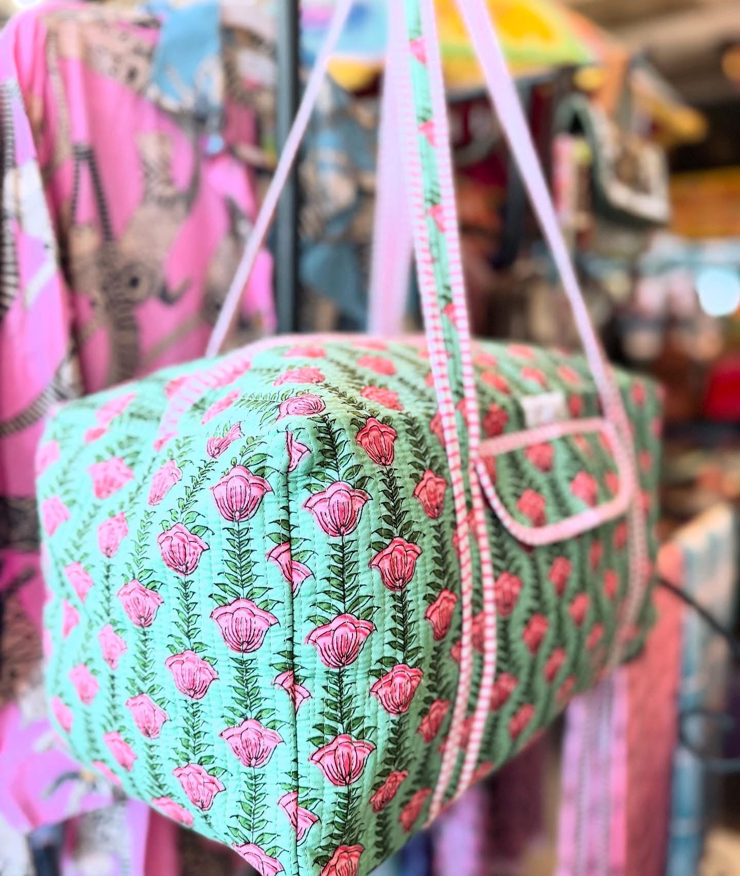 Handmade Quilted Weekender Bag – Pink Floral Block Print – Green