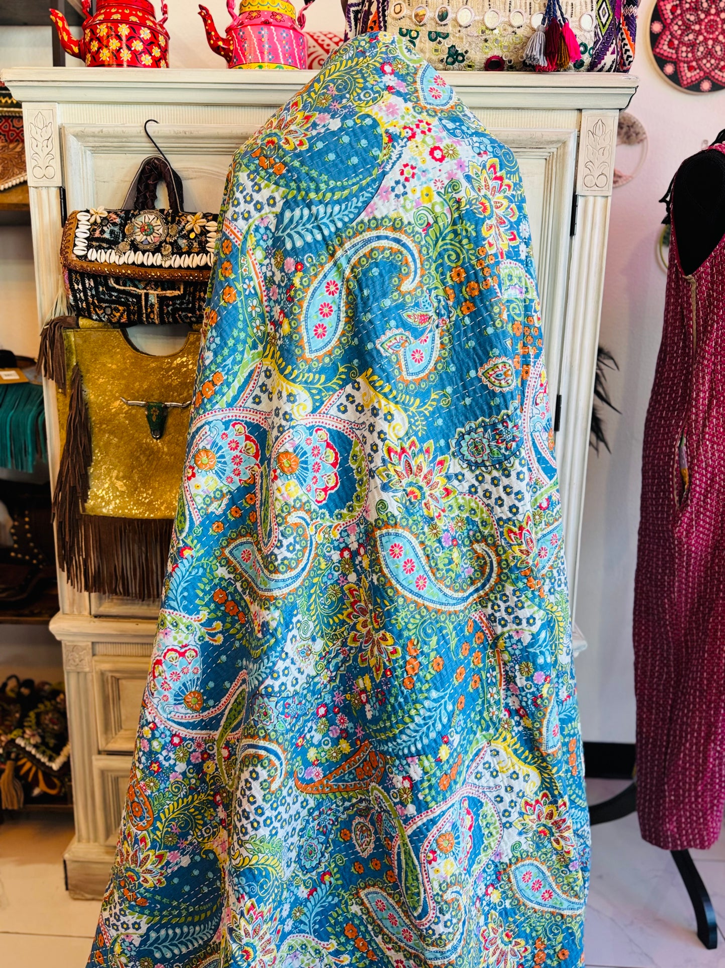 Paisley Garden – Blue – Handblock Printed Kantha Quilt | Cotton | Handmade