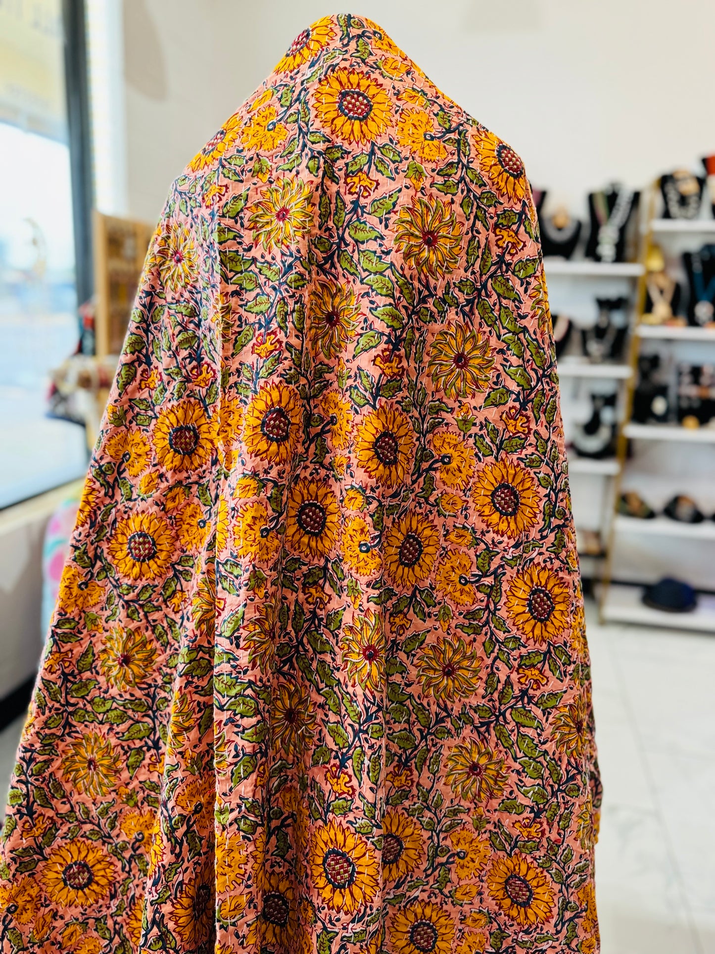 Sunflower Field - Handblock Printed Kantha Quilt – 100% Cotton | Handmade