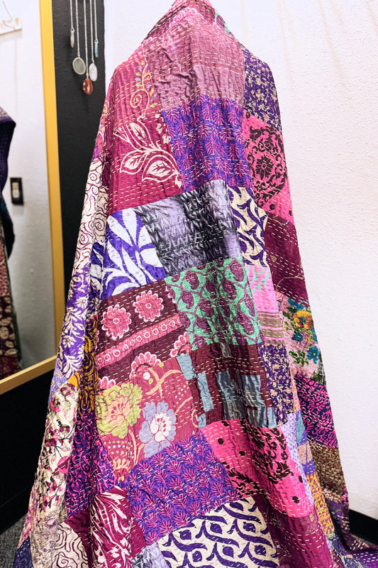 Silk Patchwork Kantha - Purple -Queen/ King