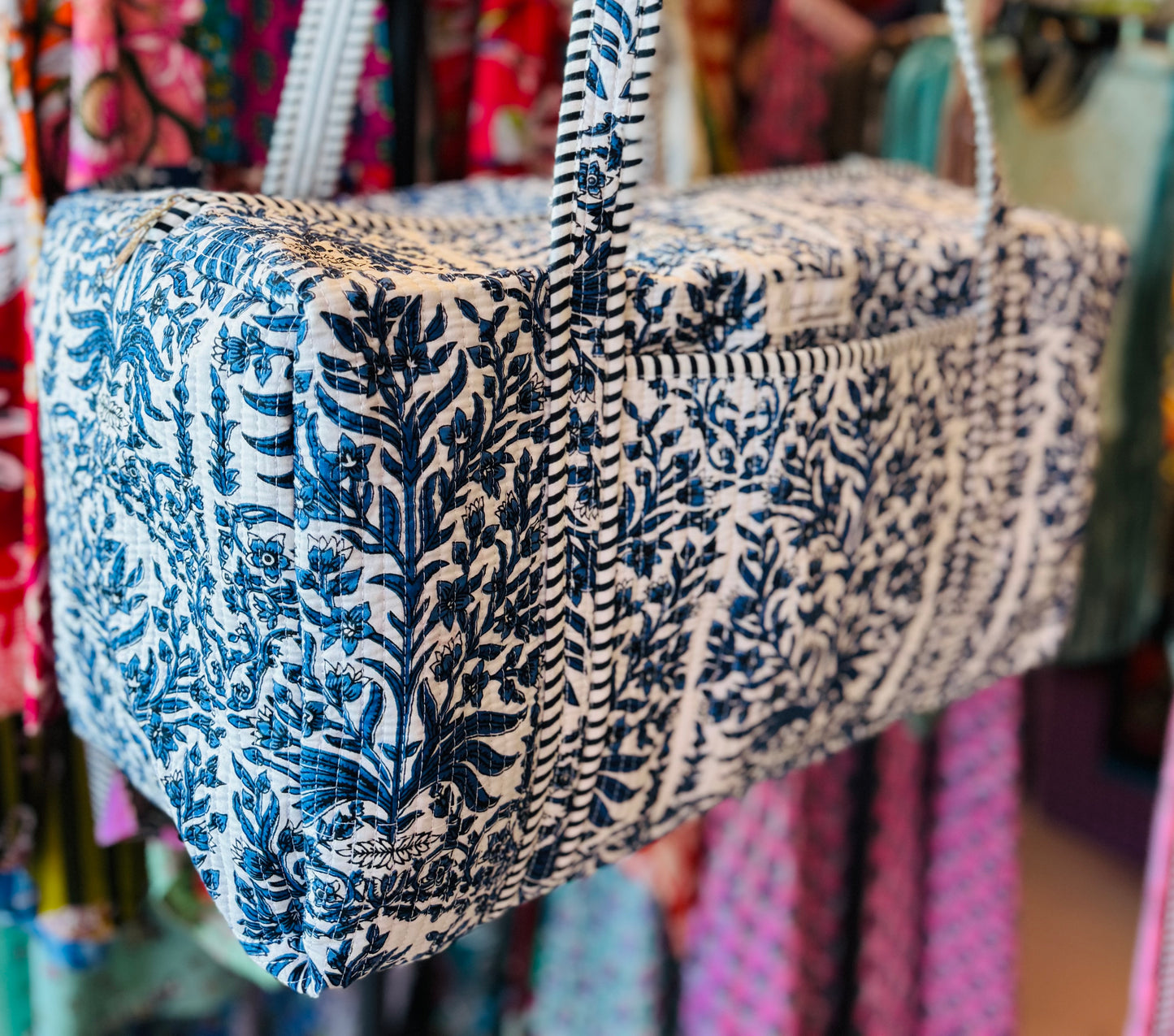 Handmade Quilted Weekender Bag – Travel Duffel - Blue Botanicals