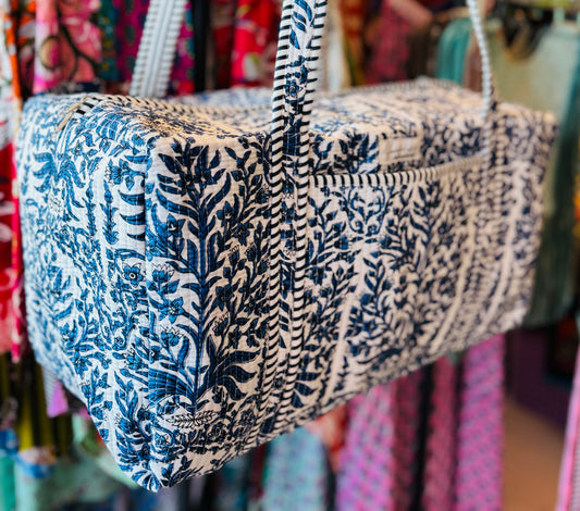 Handmade Quilted Weekender Bag – Travel Duffel - Blue Botanicals