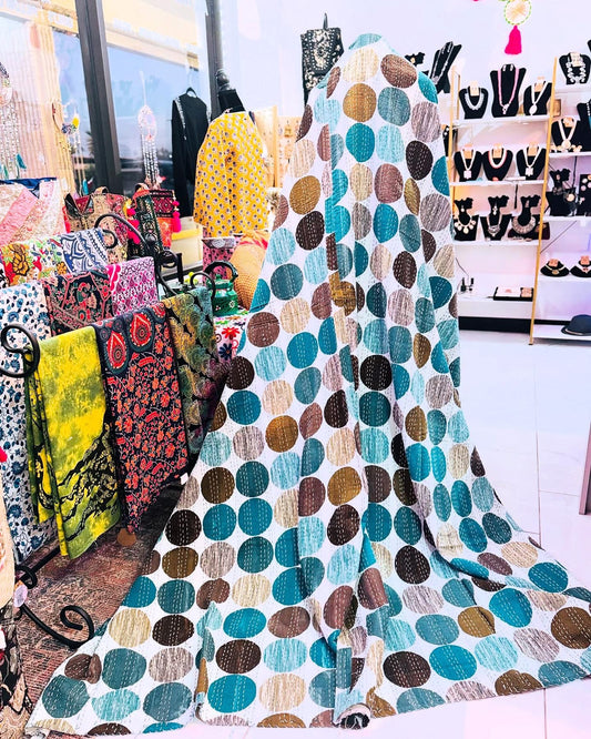 Polka Dots – Teal Handblock Printed Kantha Quilt – 100% Cotton | Handmade
