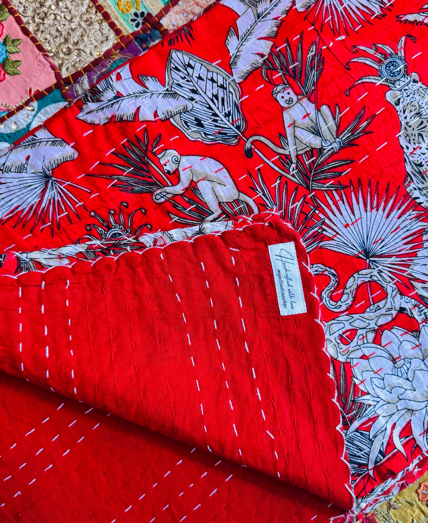 Jungle Print- Red- Handblock Printed Kantha Quilt | Cotton | Handmade