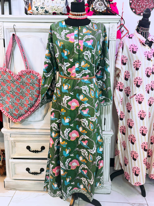 Emerald Bloom Hand Block Print Cotton Maxi Dress – Women’s Long Sleeve Dress with Pockets