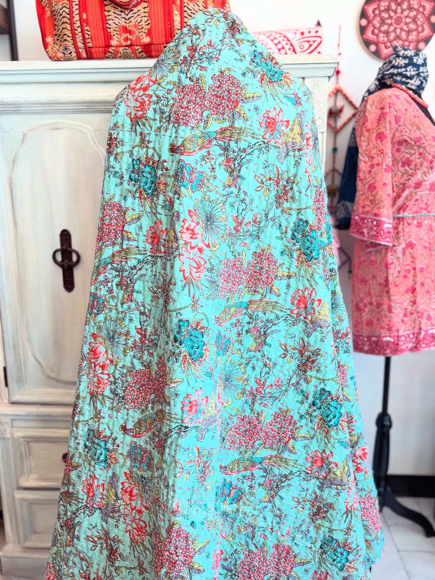 Peacock Garden – Handblock Printed Kantha Quilt | Cotton | Handmade | Full Size