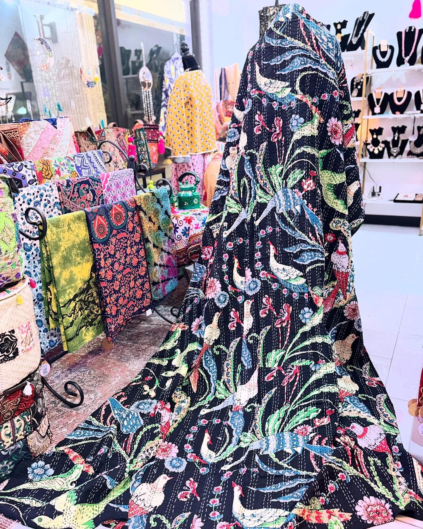 Peacock & Co.- Black Handblock Printed Kantha Quilt – 100% Cotton | Handmade