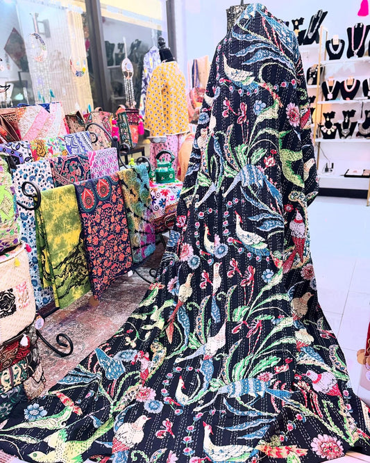 Peacock & Co.- Black Handblock Printed Kantha Quilt – 100% Cotton | Handmade