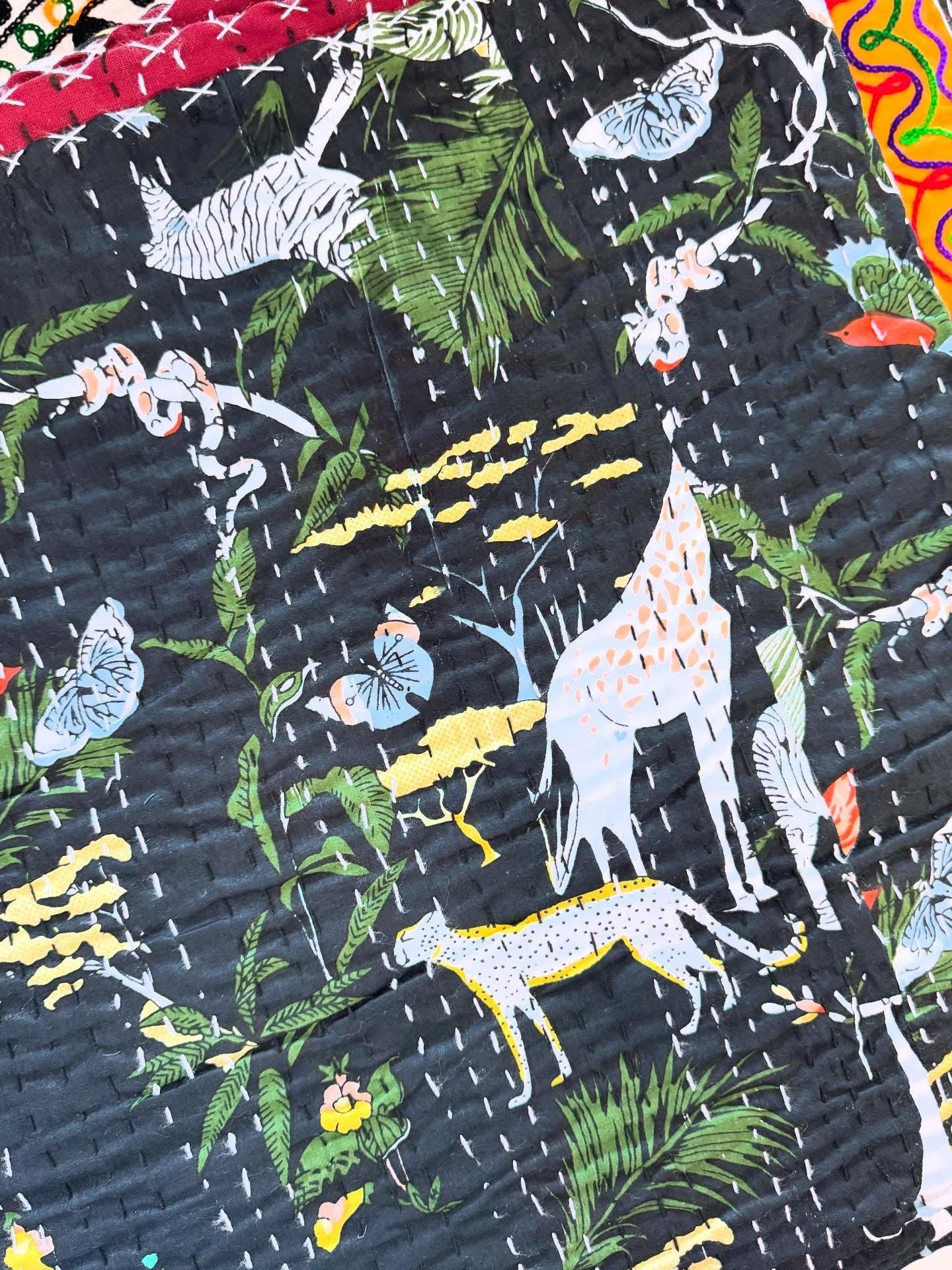 Beasts & Wings - Handblock Printed Kantha Quilt – 100% Cotton | Handmade