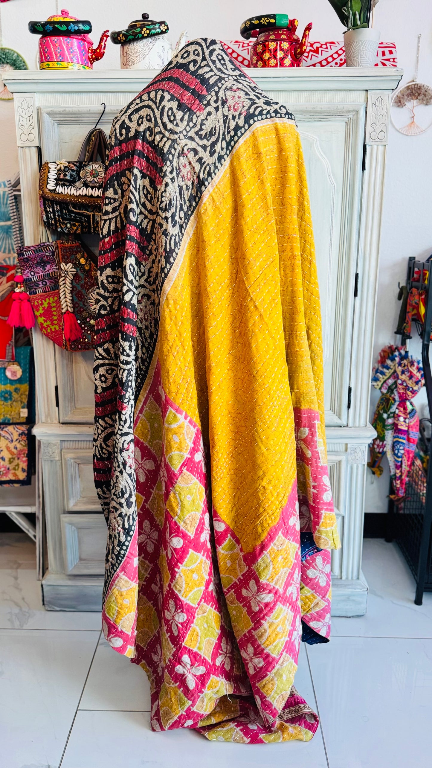 Pink Flowers Saree Kantha Quilt – Twin Size - Throw Blanket
