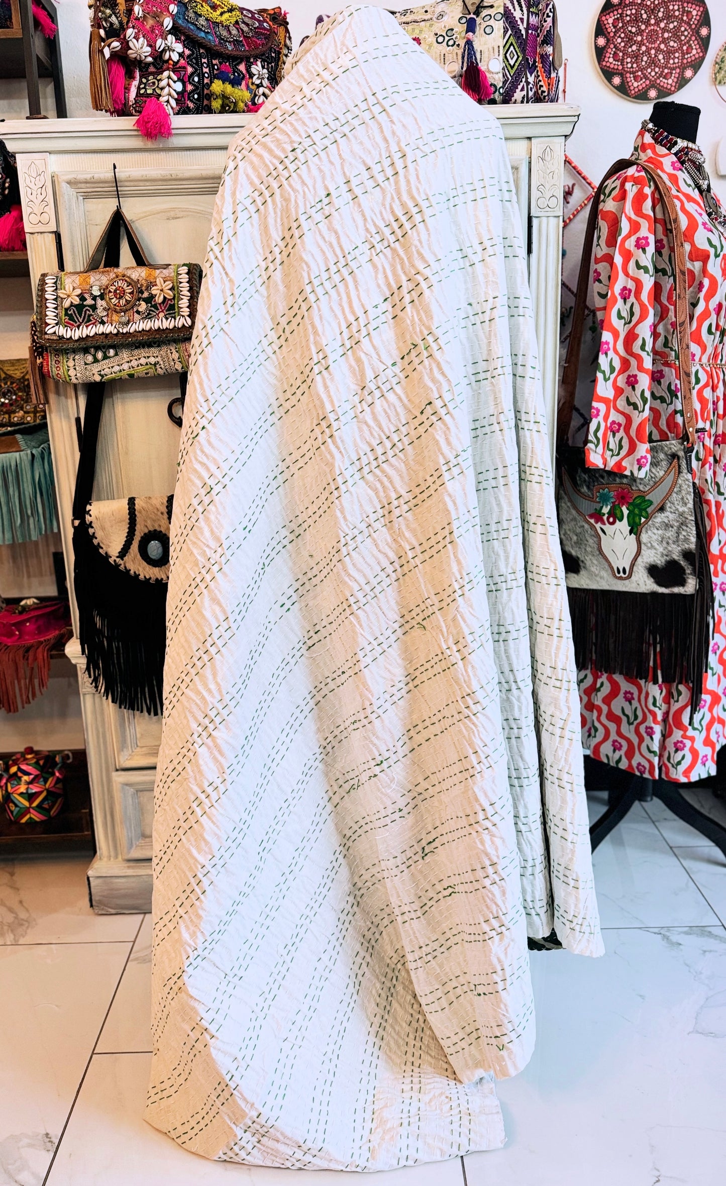 Sage Green Leaf Print Kantha Quilt | Cotton Lightweight Blanket | Throw/Twin Size