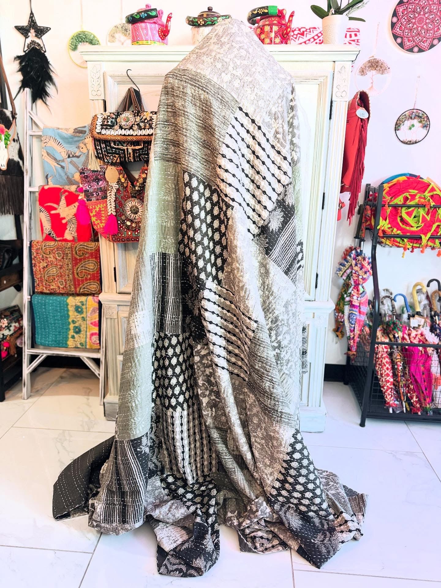 Artisan Kantha bedspread Black, white and Grey patches