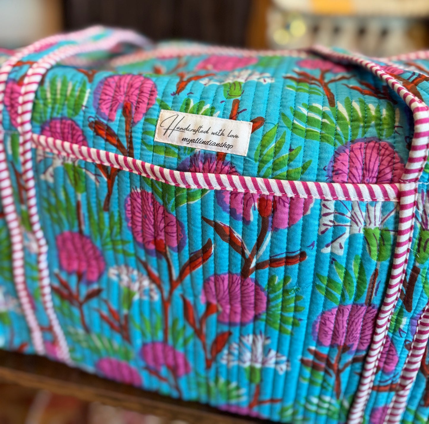 Handmade Quilted Weekender Bag – Blue Floral Print Travel Duffel