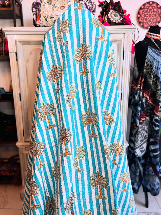Turquoise Palm Tree Kantha Quilt – Handmade Block Print Cotton Bedspread with White Kantha Stitch Back (90x110)