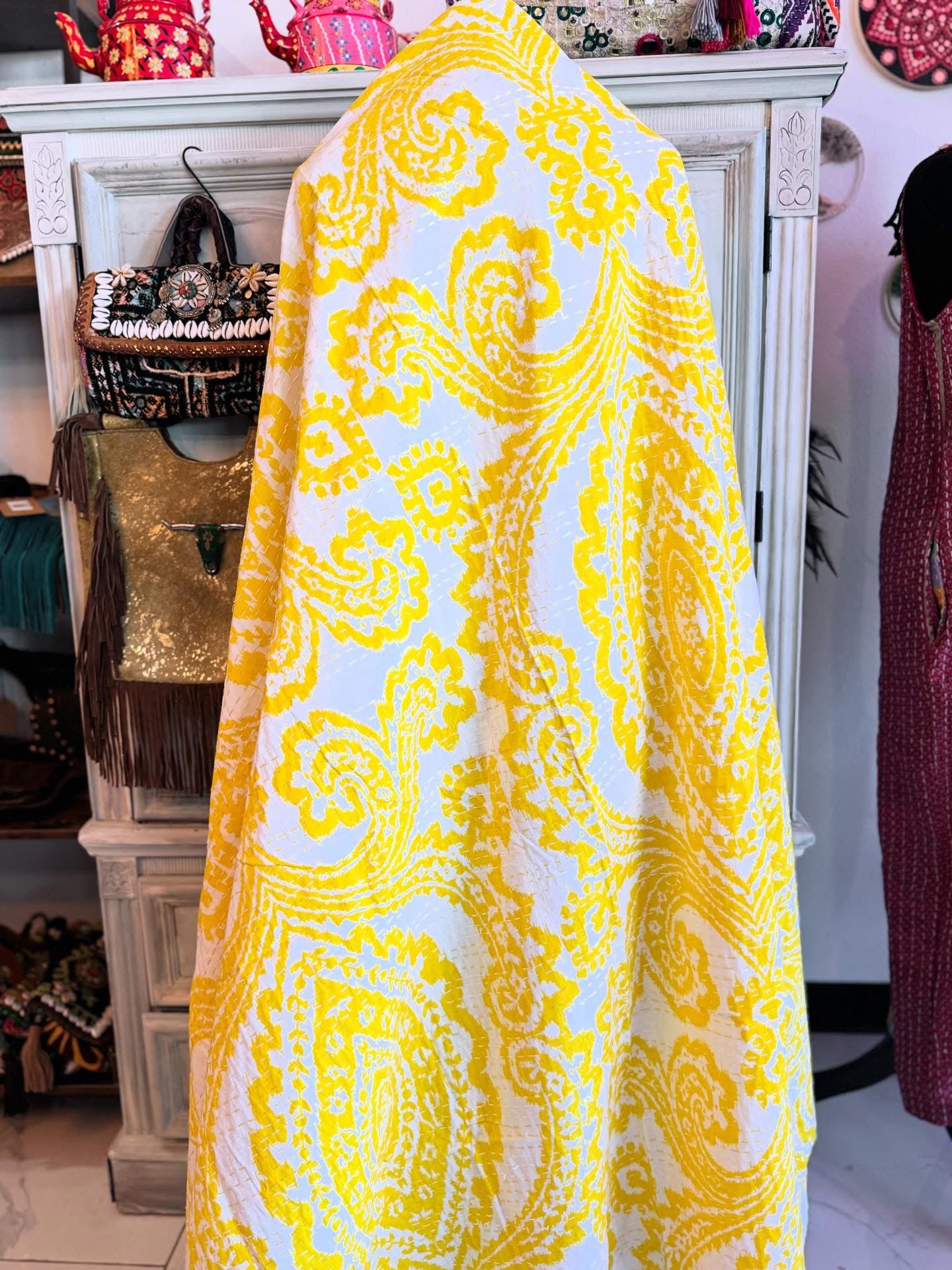 Boho Sun Mini - Yellow – Handblock Printed Kantha Quilt | Cotton | Handmade