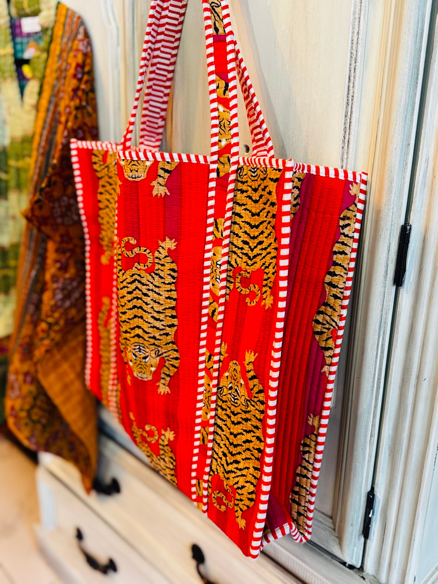 Saffron Tiger Flame Quilted Tote – Orange Tiger Print Cotton Tote Bag, Hand Block Printed, Large Reversible Shopper with Pocket