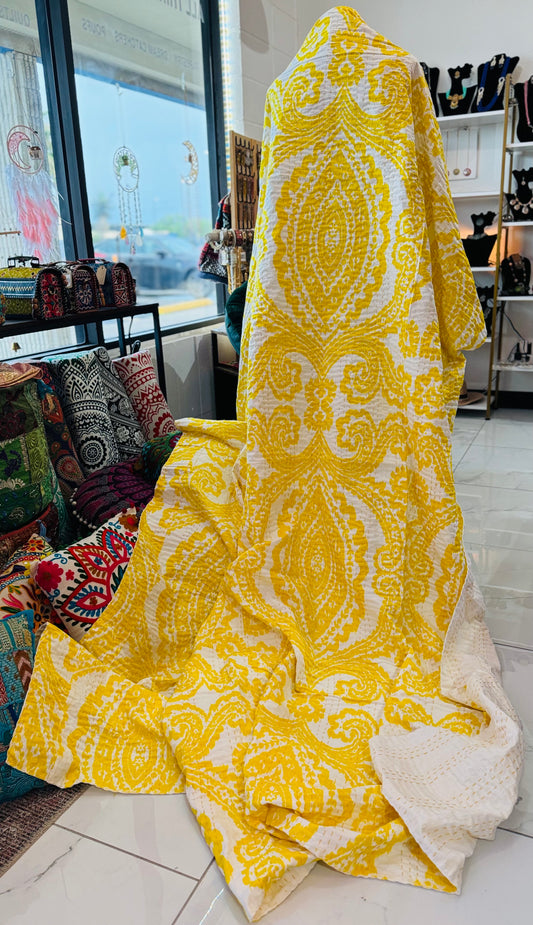 Boho Sun – Yellow Handblock Printed Kantha Quilt – 100% Cotton | Handmade