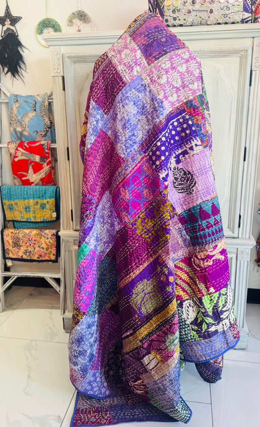 Silk Patchwork Quilt – Purple – Twin/Throw – Handmade Kantha | Silk & Cotton
