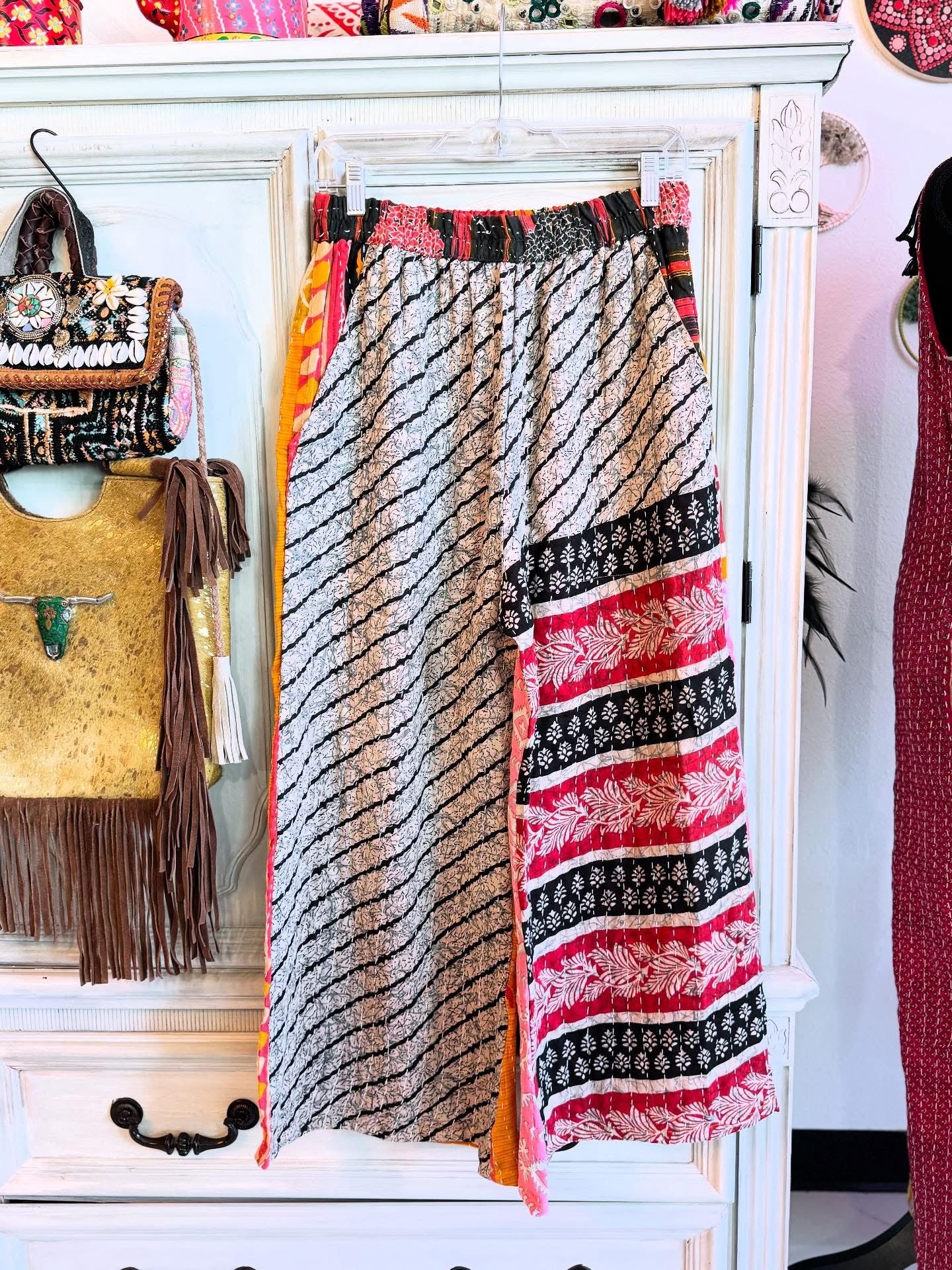 Monochrome Mix – Handmade Kantha Cotton Pants | Wide Leg Boho Trousers