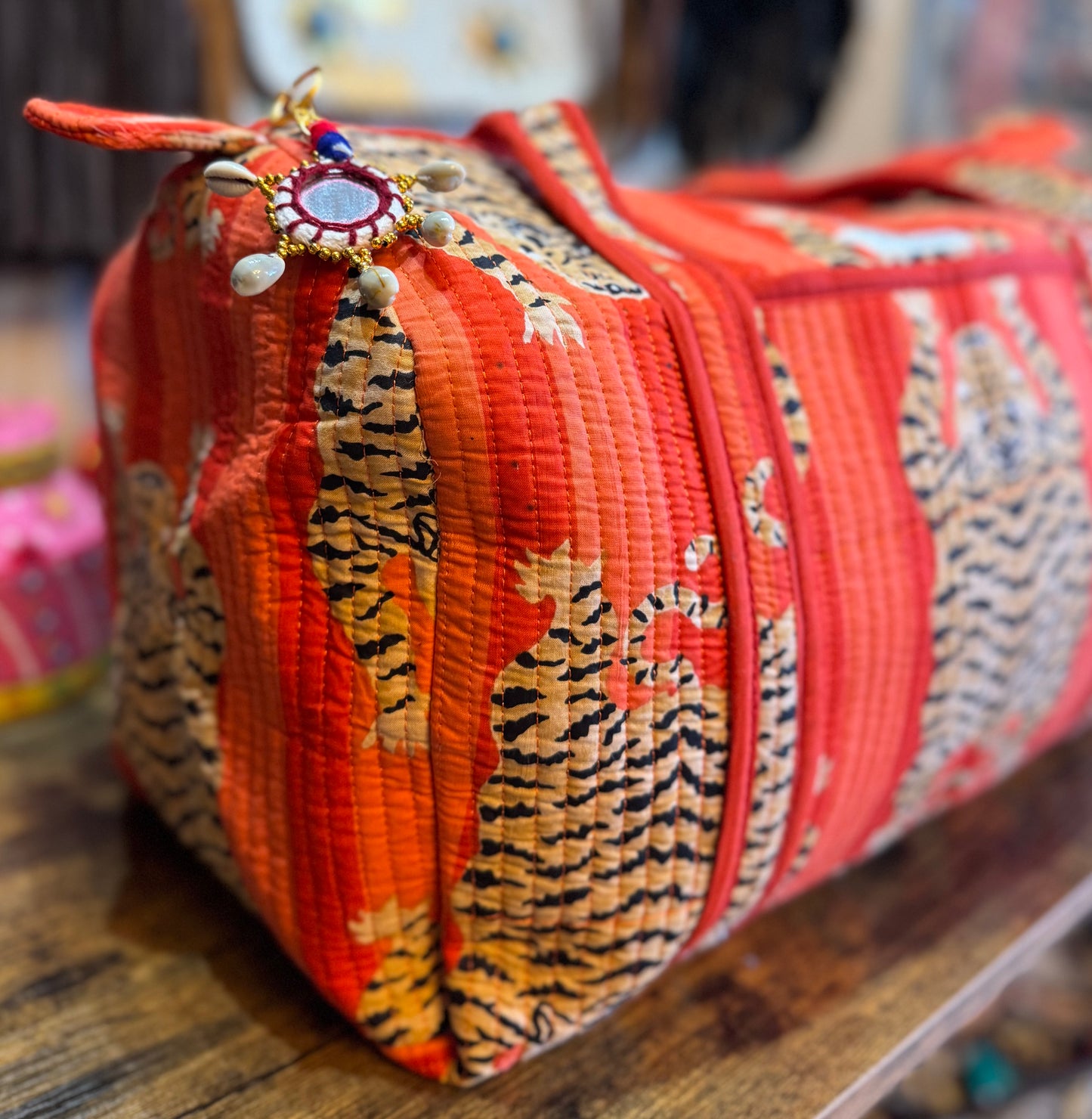 Handmade Quilted Weekender Bag – Tiger Print Travel Duffel – Orange