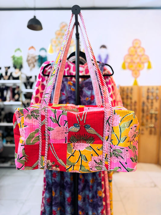 Red & Pink Patchwork Quilted Duffel Bag – Handmade Floral Bird Print Weekender Bag
