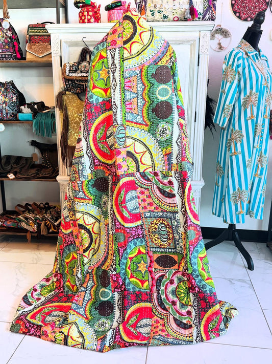 Mini Boho Mosaic – Handblock Printed Kantha Quilt | Cotton | Handmade