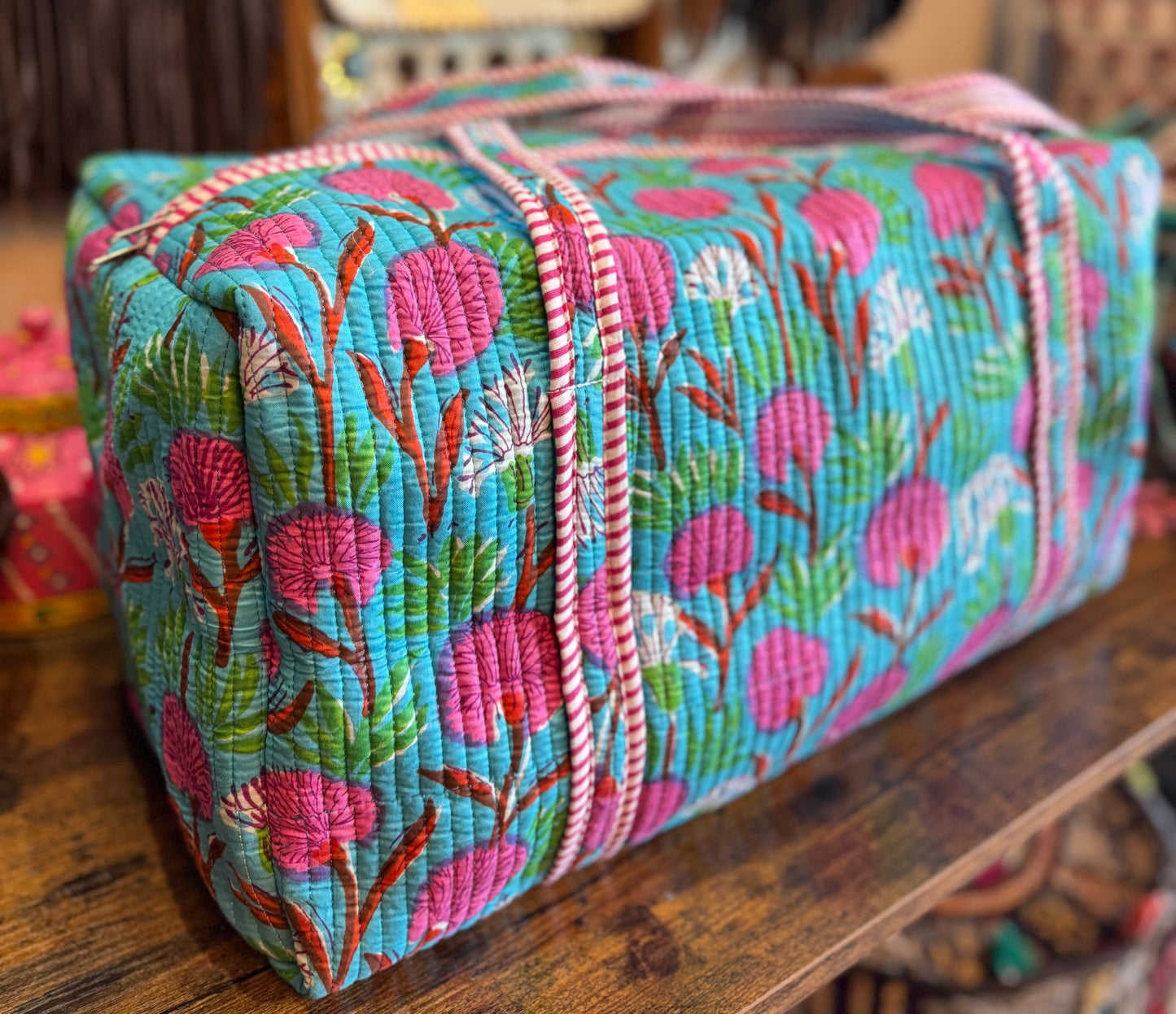 Handmade Quilted Weekender Bag – Blue Floral Print Travel Duffel