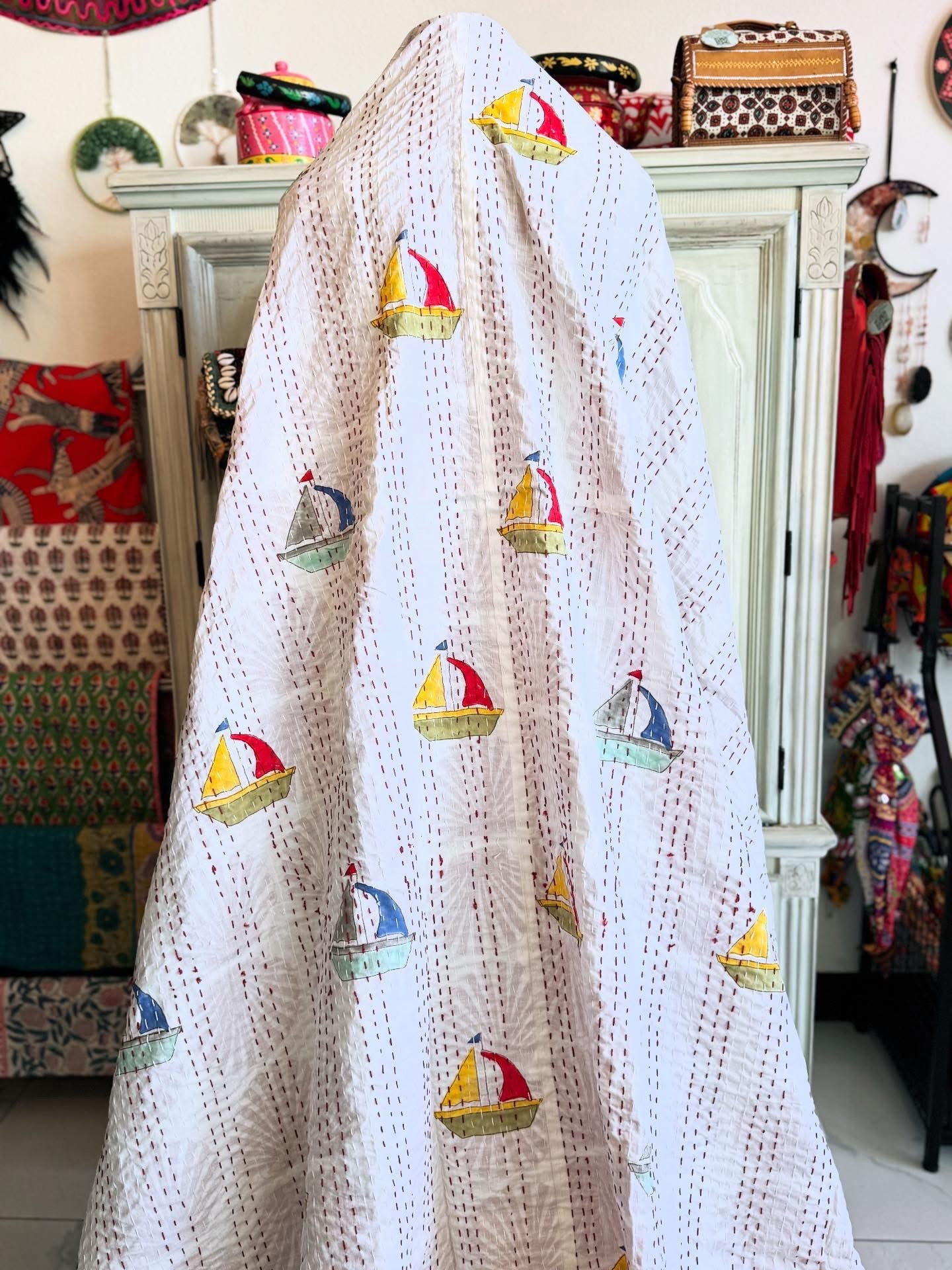 Sailboats side of the quilt - white back ground - handmade with kantha stitching
