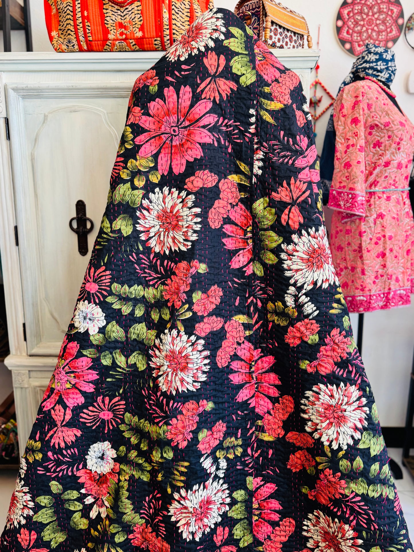 Midnight Dahlia – Handblock Printed Kantha Quilt | Cotton | Handmade | Full Size