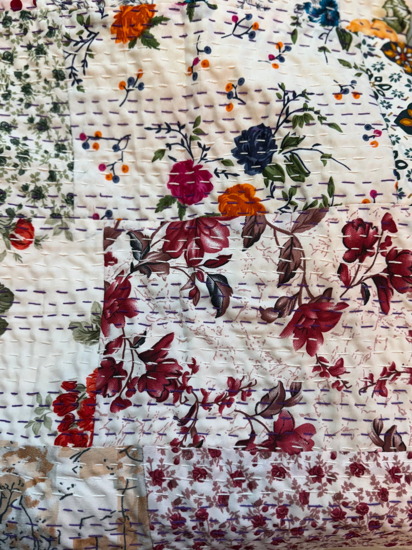 close up of some Patches  in silk patchwork kantha quilt