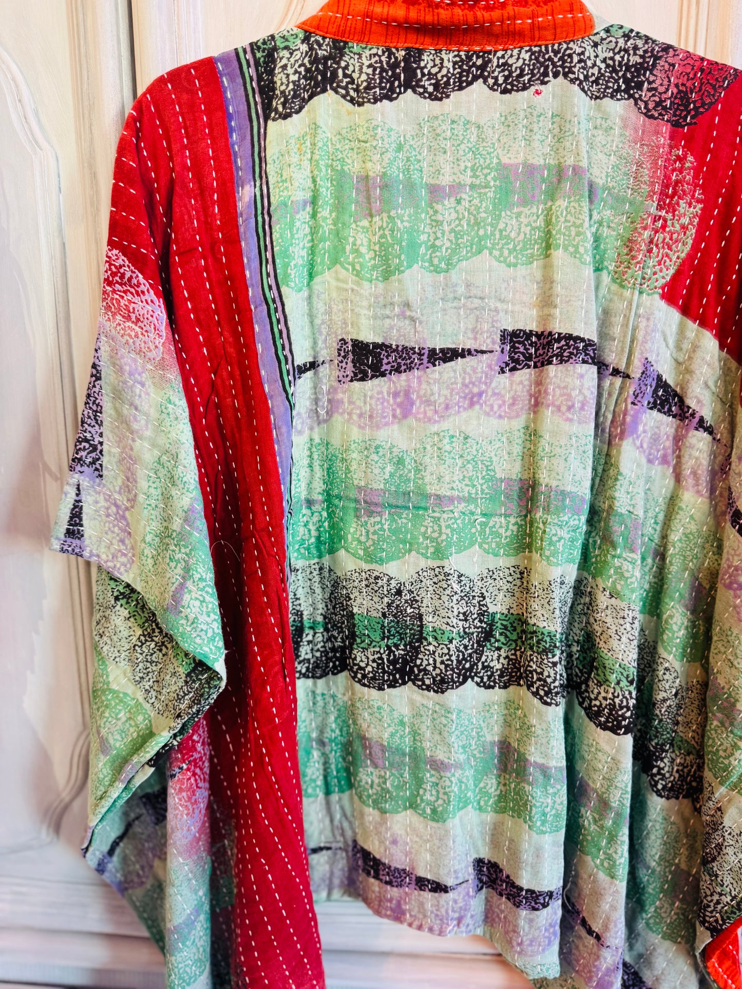 Handmade Kantha Poncho – Scarlet Meadow | Unisex | 100% Cotton Boho Top