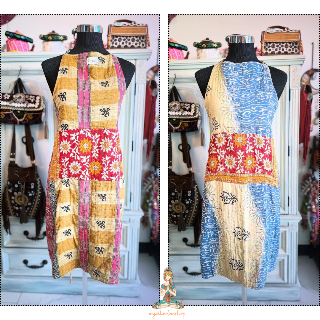 Ocean Bloom Kantha apron showing both floral patchwork and soft ocean swirl sides