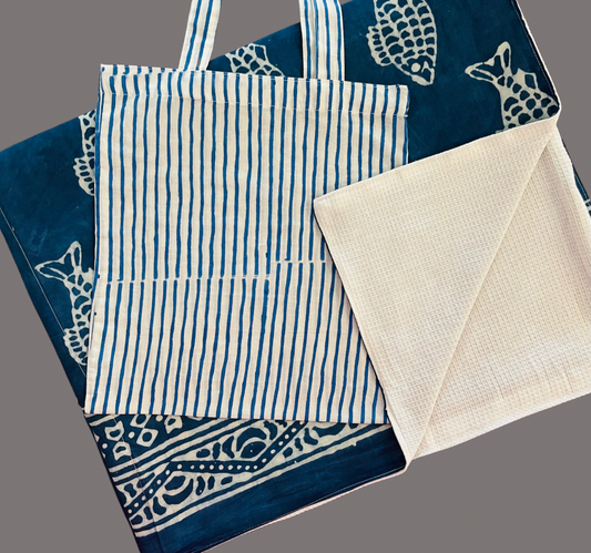 Handblock Cotton Beach Towel with Bag | Oversized Lightweight Travel Picnic Towel 72x45