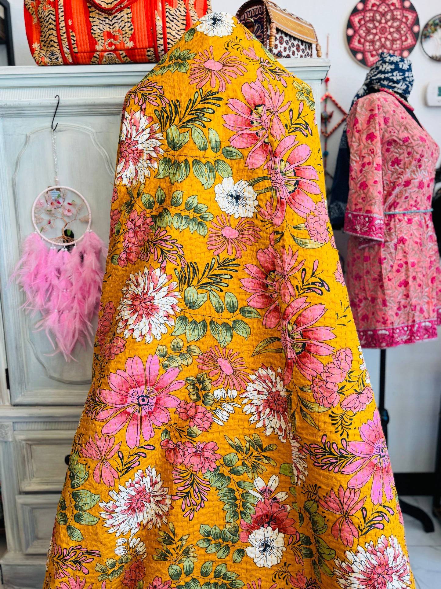Golden Flora – Handblock Printed Kantha Quilt | Cotton | Handmade | Full Size