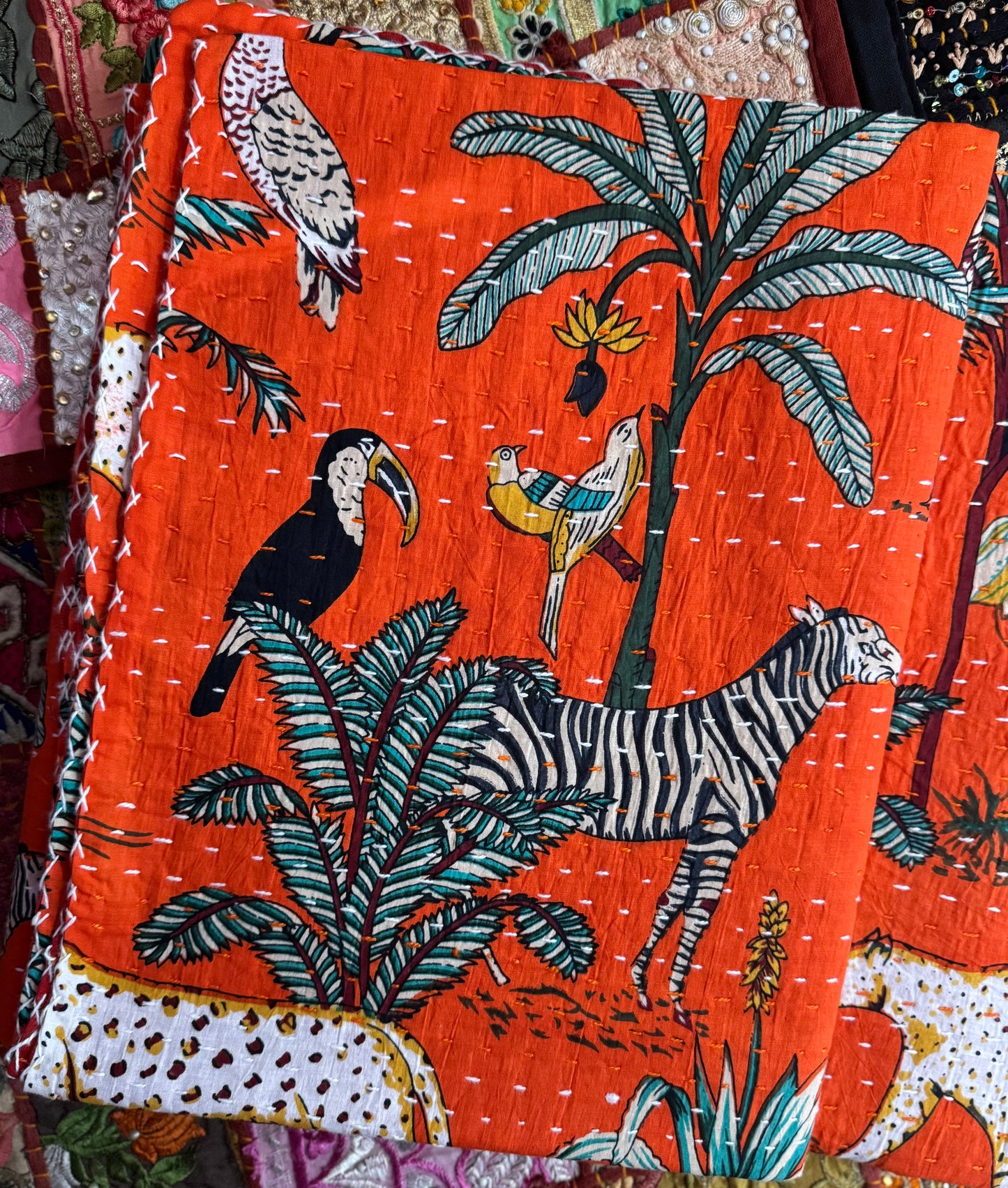 Jungle Print- Orange- Handblock Printed Kantha Quilt | Cotton | Handmade