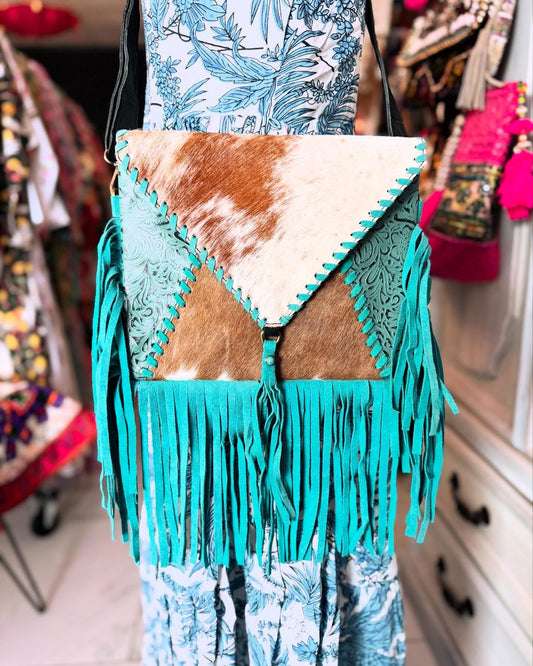 Turquoise Fringe Cowhide Bag – Western Leather Crossbody | Turquoise Trail
