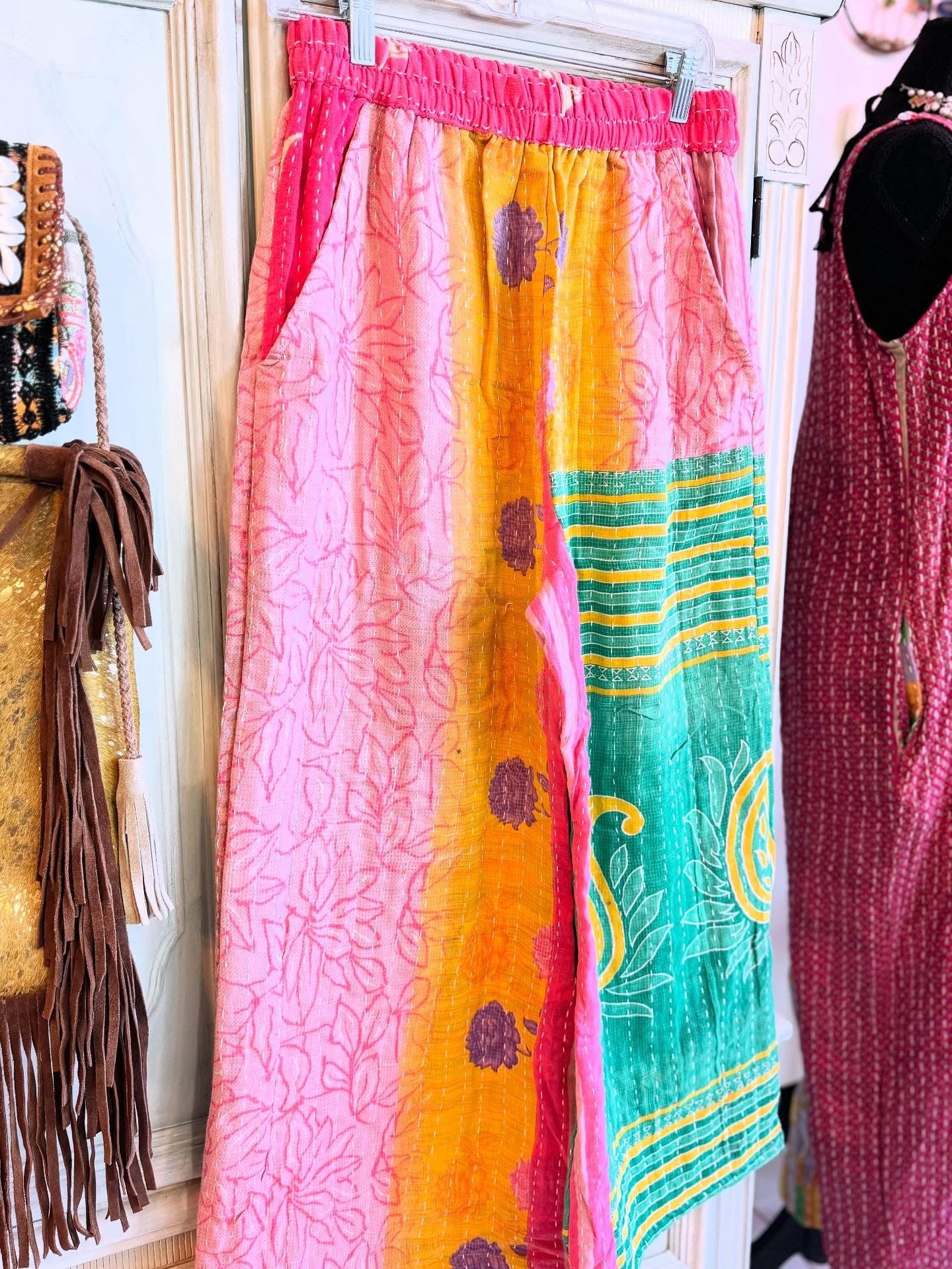 Rose Garden – Handmade Kantha Cotton Pants | Wide Leg Boho Trousers