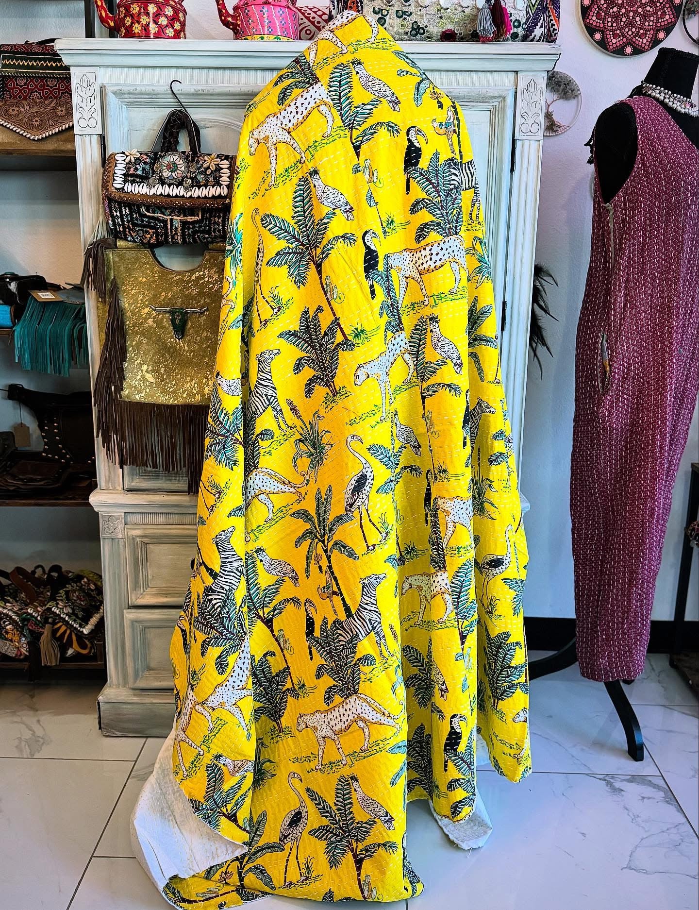 Jungle print with palm trees handblock printed on 100% cotton- throw size- twin size