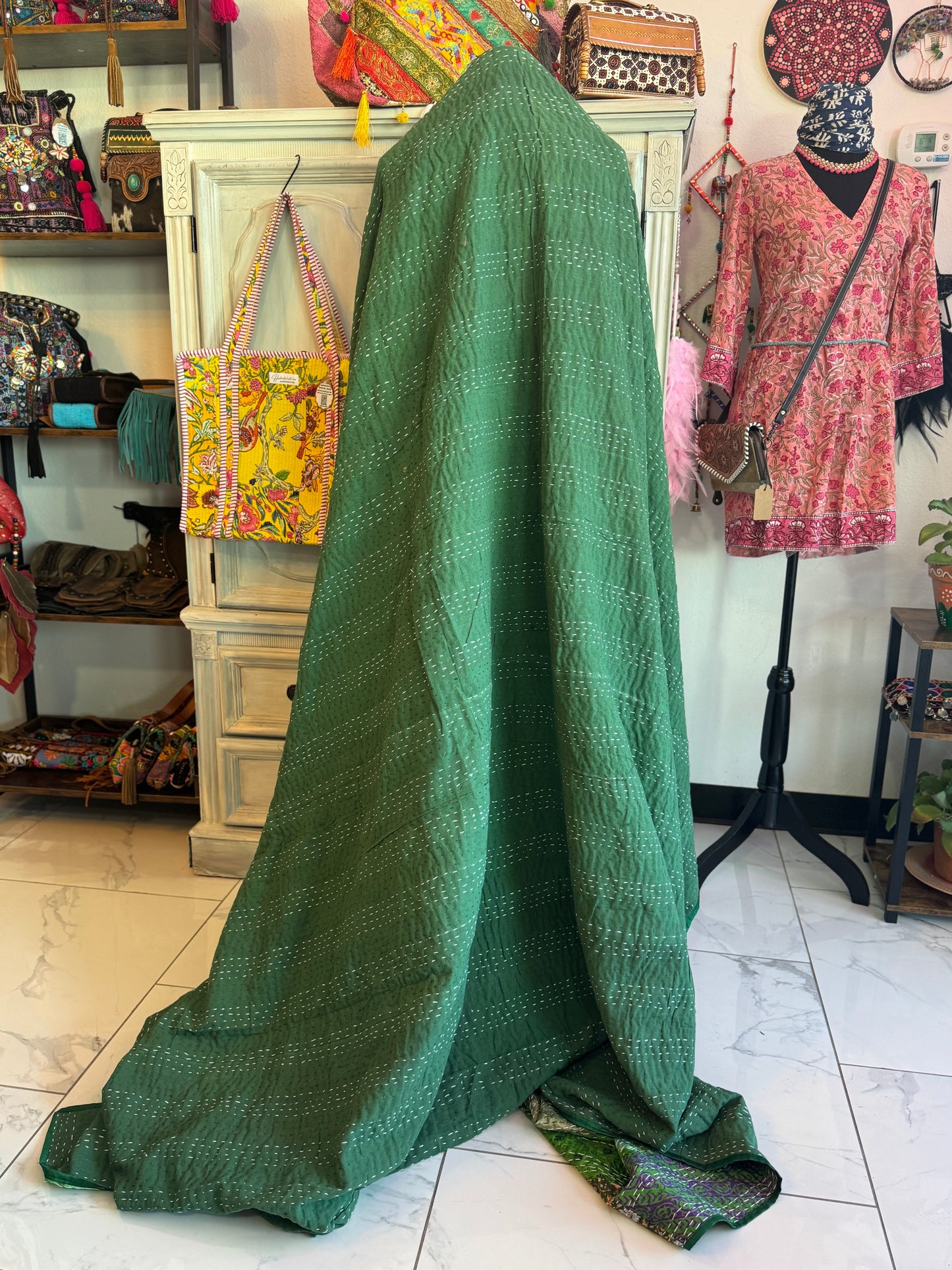 Silk Patchwork Kantha - Green-Queen/ King