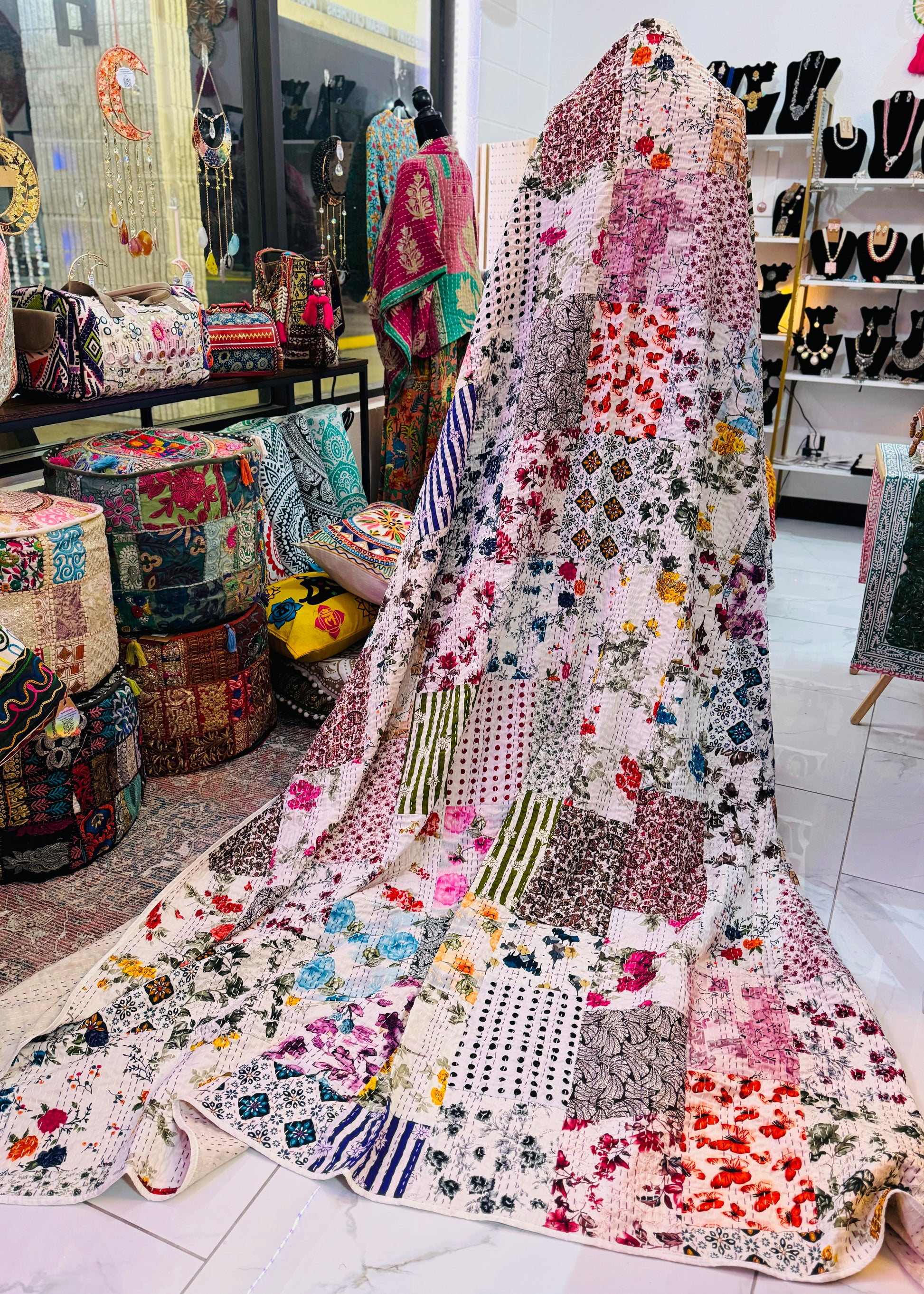 Silk patchwork kantha quilt with 160 patches - colorful- unique- queen or king bed
