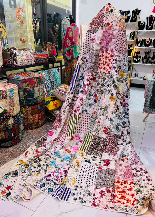 Silk patchwork kantha quilt with 160 patches - colorful- unique- queen or king bed